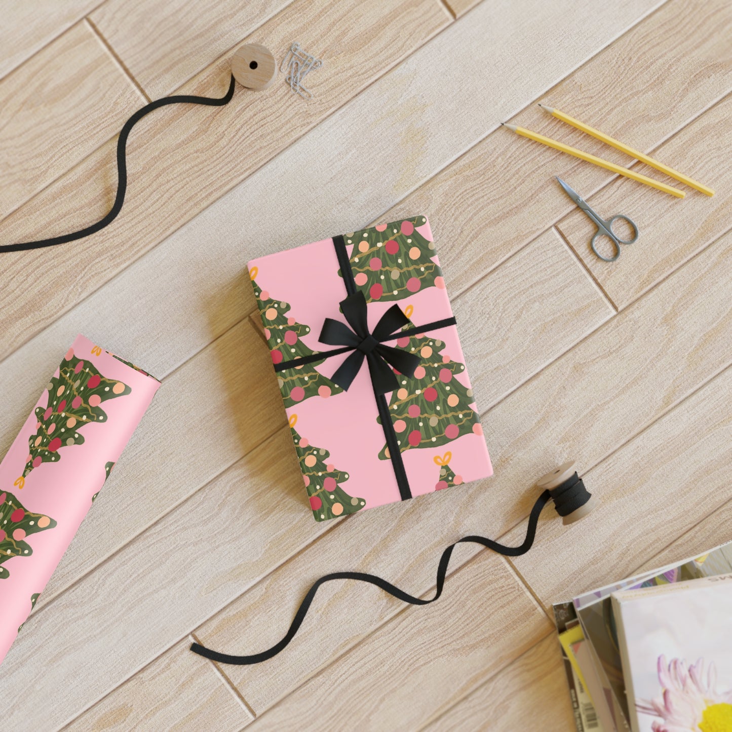 Whimsical Pink Christmas Tree Wrapping Paper
