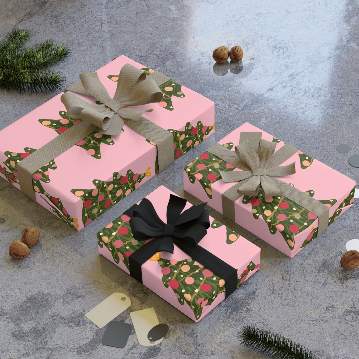 Whimsical Pink Christmas Tree Wrapping Paper