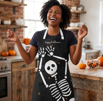 Person wearing a Halloween-themed apron in a kitchen with pumpkins and decorations.