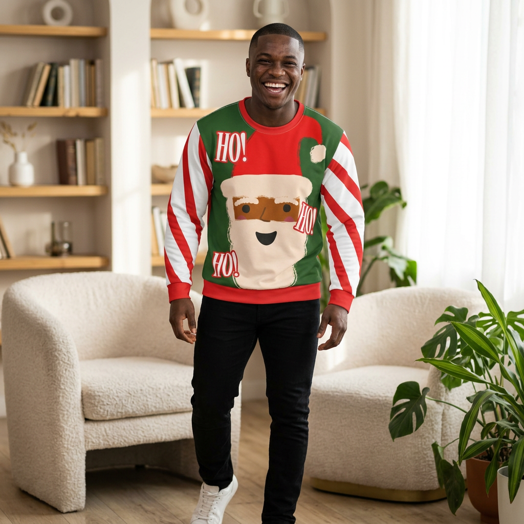 Person wearing a festive sweater with a Santa Claus design in a living room.