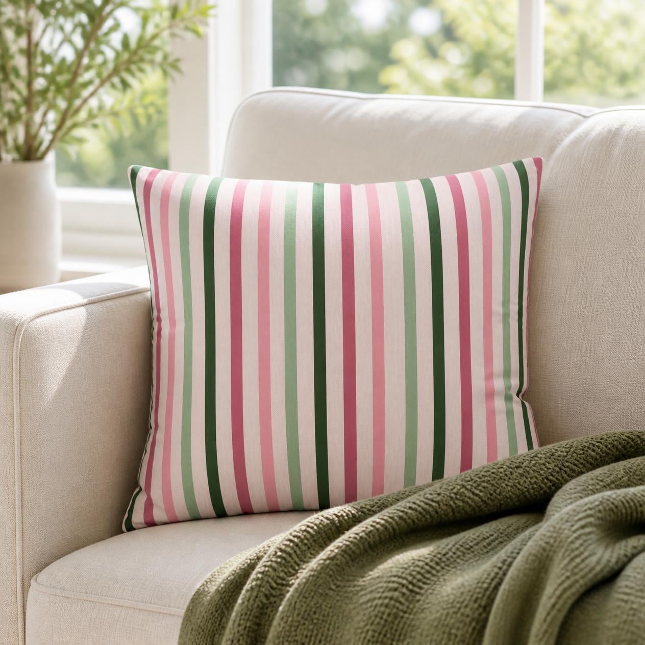 Pink and Green Striped Pattern Throw Pillow Cover