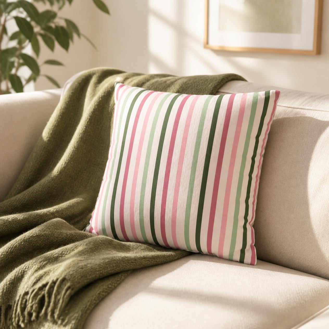 Pink and Green Striped Pattern Throw Pillow Cover