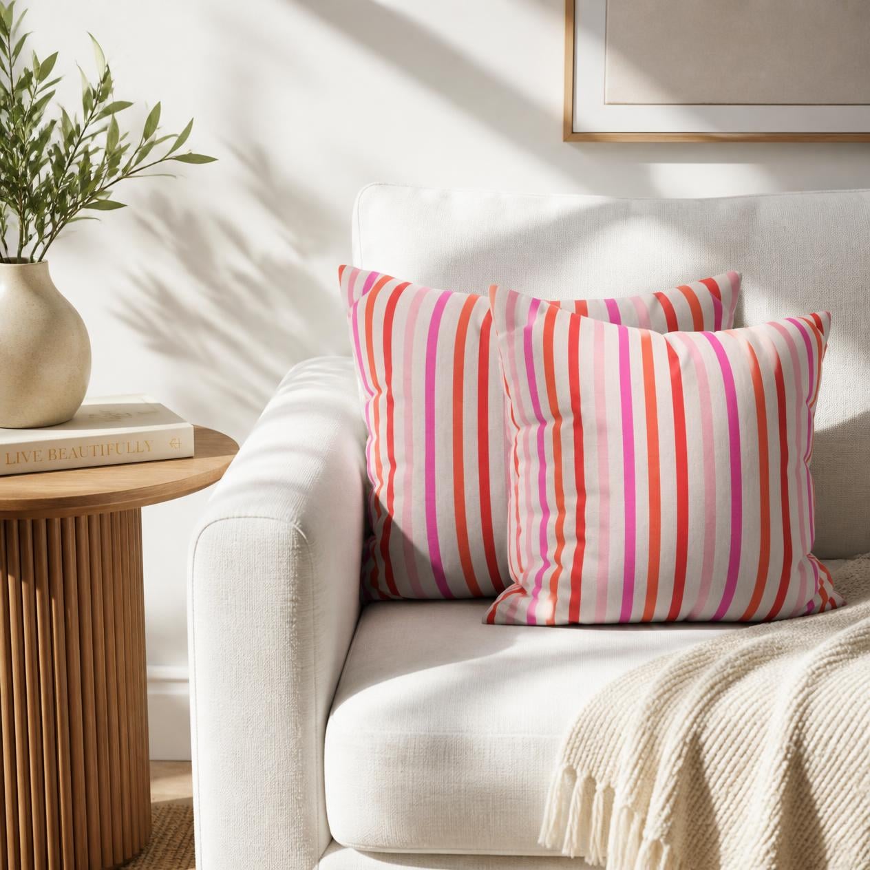 Pink and Orange Striped Pattern Throw Pillow Cover