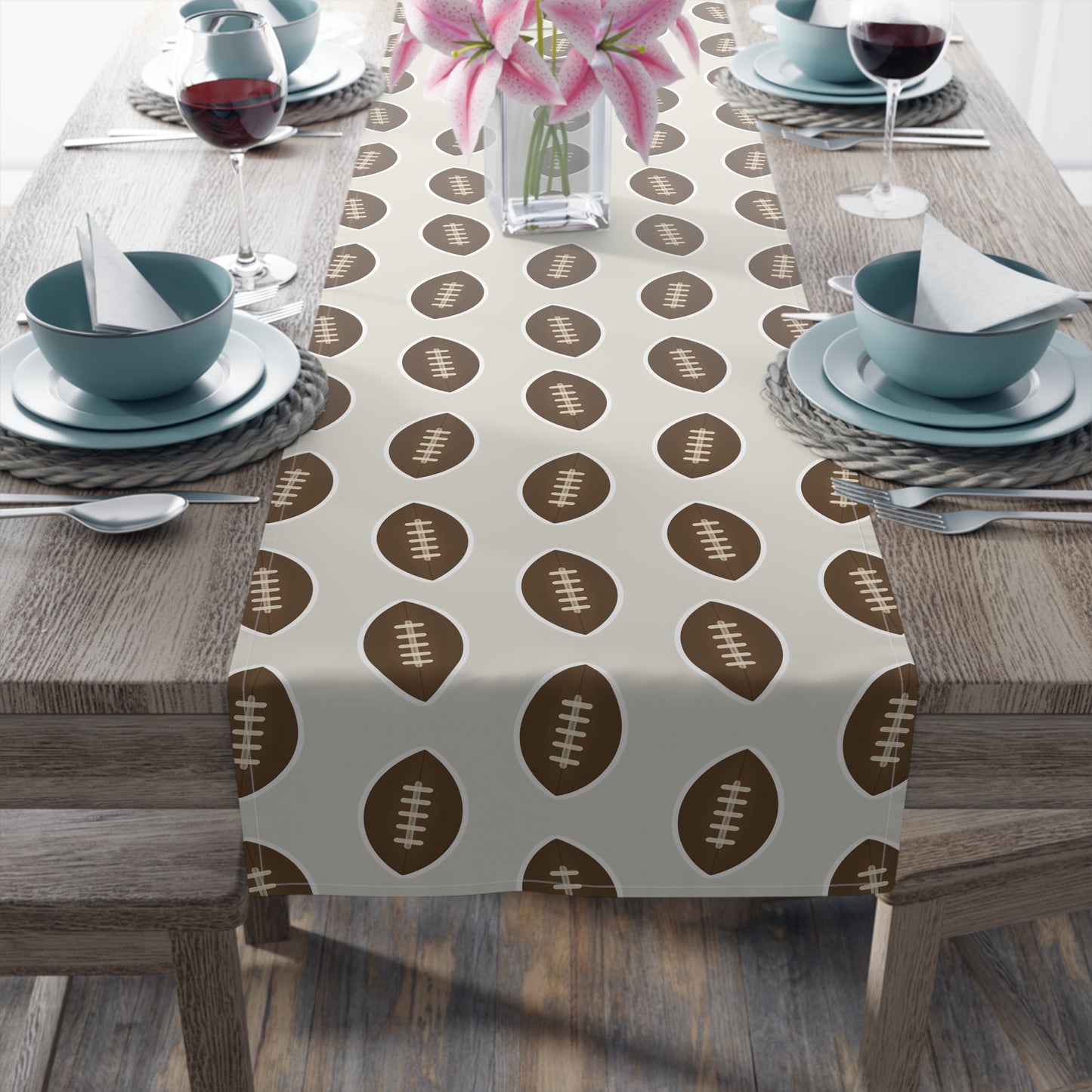 Whimsical Football Table Runner | Khaki Game Day Tailgate Party Decor | Cotton or Polyester