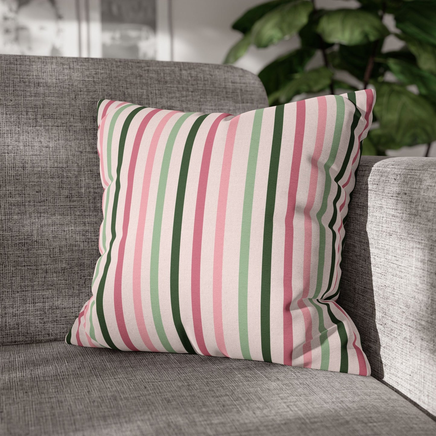 Pink and Green Striped Pattern Throw Pillow Cover