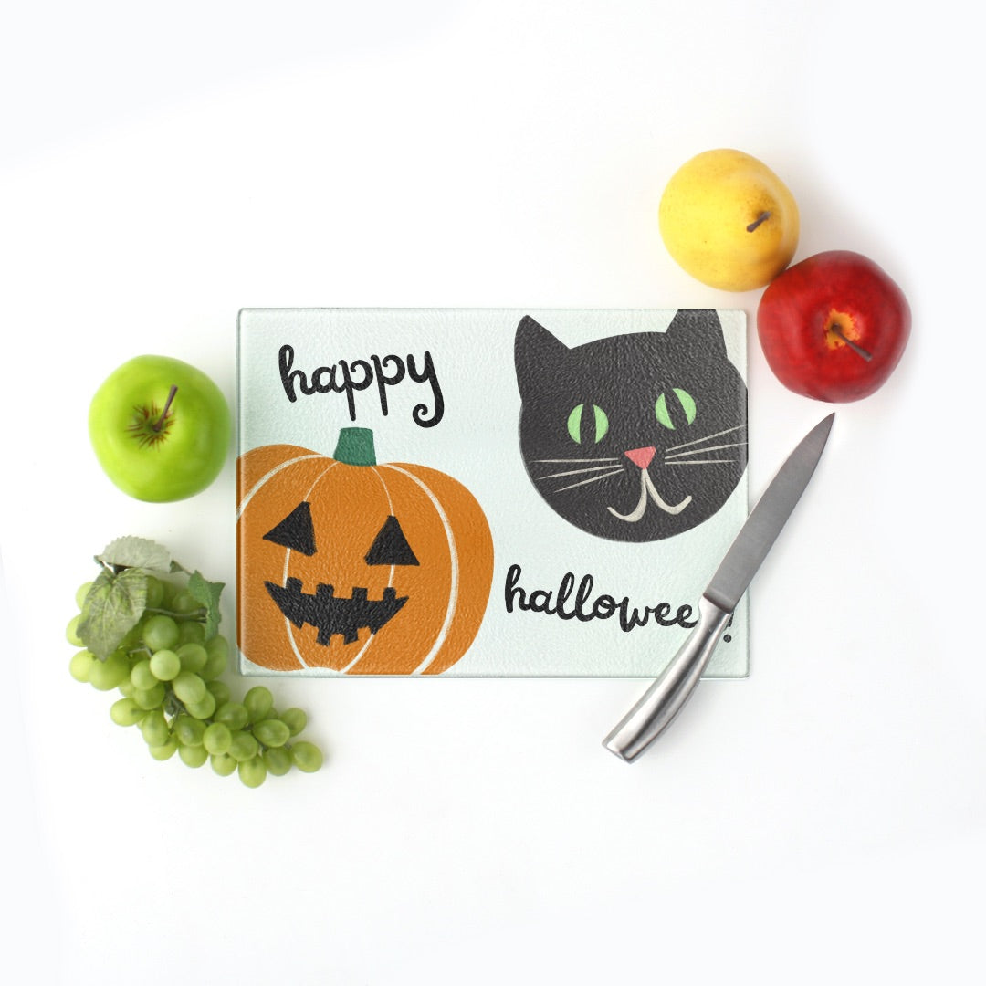 Whimsical Black Cat & Pumpkin Halloween Tempered Glass Cutting Board Small (11.5" x 8")