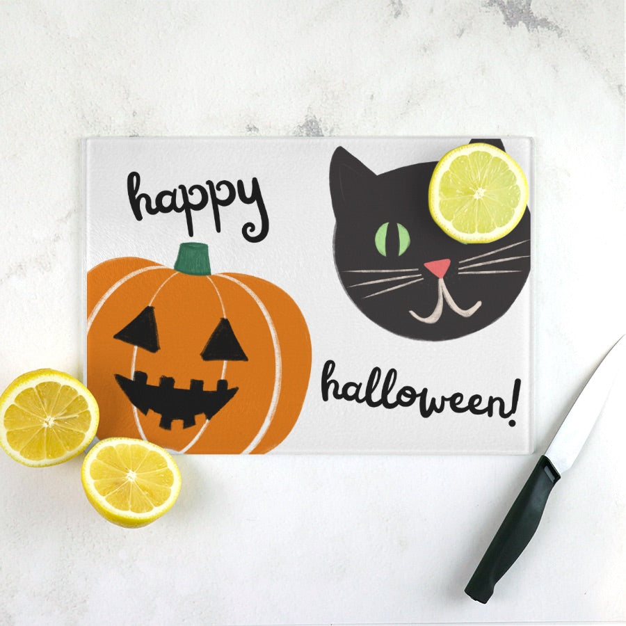 Whimsical Black Cat & Pumpkin Halloween Tempered Glass Cutting Board Small (11.5" x 8")