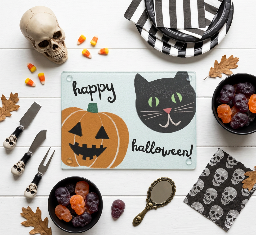 Whimsical Black Cat & Pumpkin Halloween Tempered Glass Cutting Board Small (11.5" x 8")