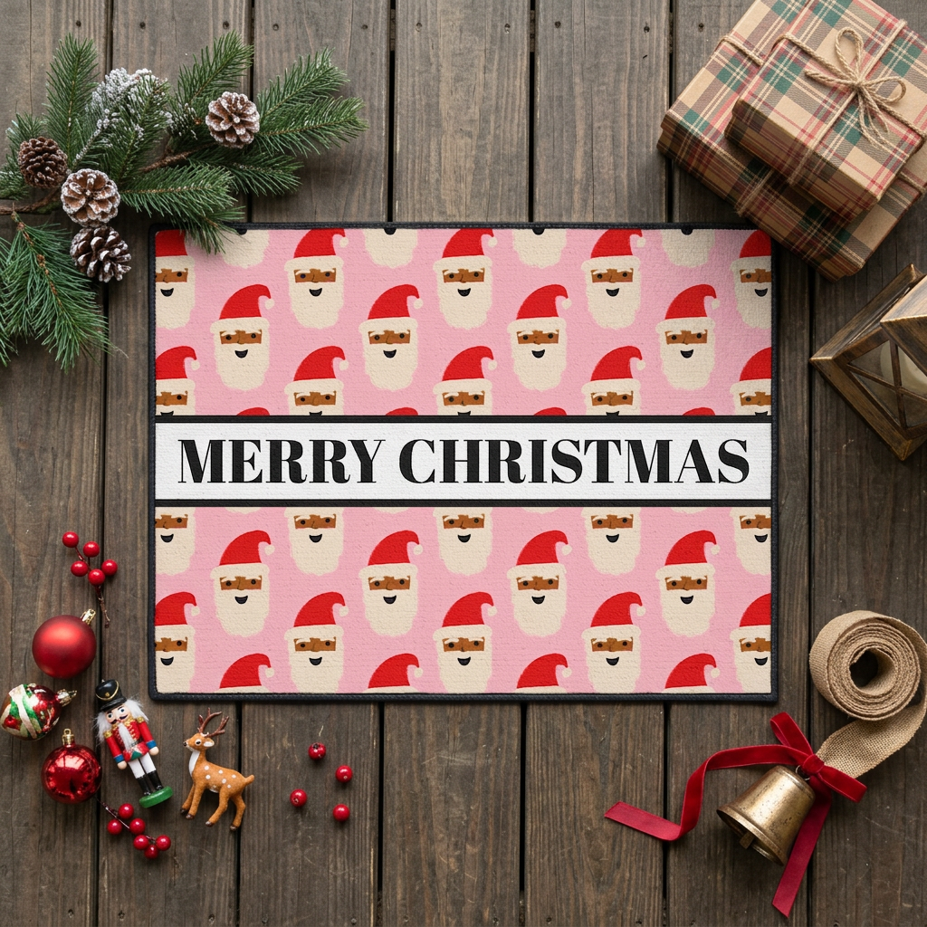 Black Santa Merry Christmas Doormat | Pink