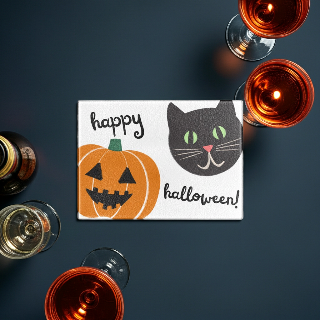 Whimsical Black Cat & Pumpkin Halloween Tempered Glass Cutting Board Small (11.5" x 8")