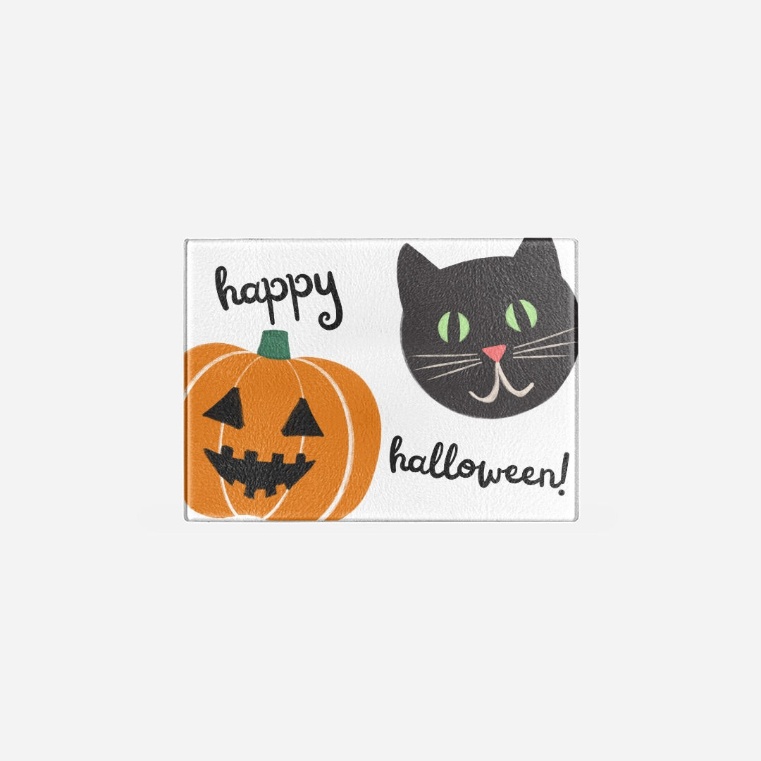 Whimsical Black Cat & Pumpkin Halloween Tempered Glass Cutting Board Small (11.5" x 8")